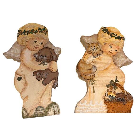 Hand Painted Wood Angels with Pets Cats Dog Hangable Handmade Collectible - Picture 1 of 7